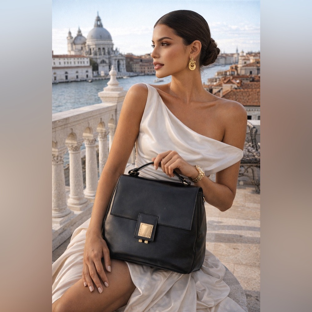 Vintage Principe Italian Black Leather Top-Handle Bag Made in Italy Purse - Picture 10 of 10